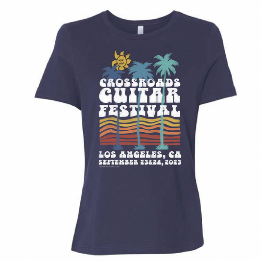 Retro Palm Trees Ladies Tee - Navy